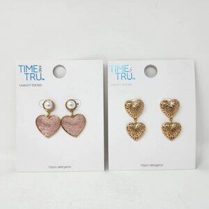 Lot of 2 Heart Earrings Time And Tru Earrings Set Hypoallergenic Pink & Gold